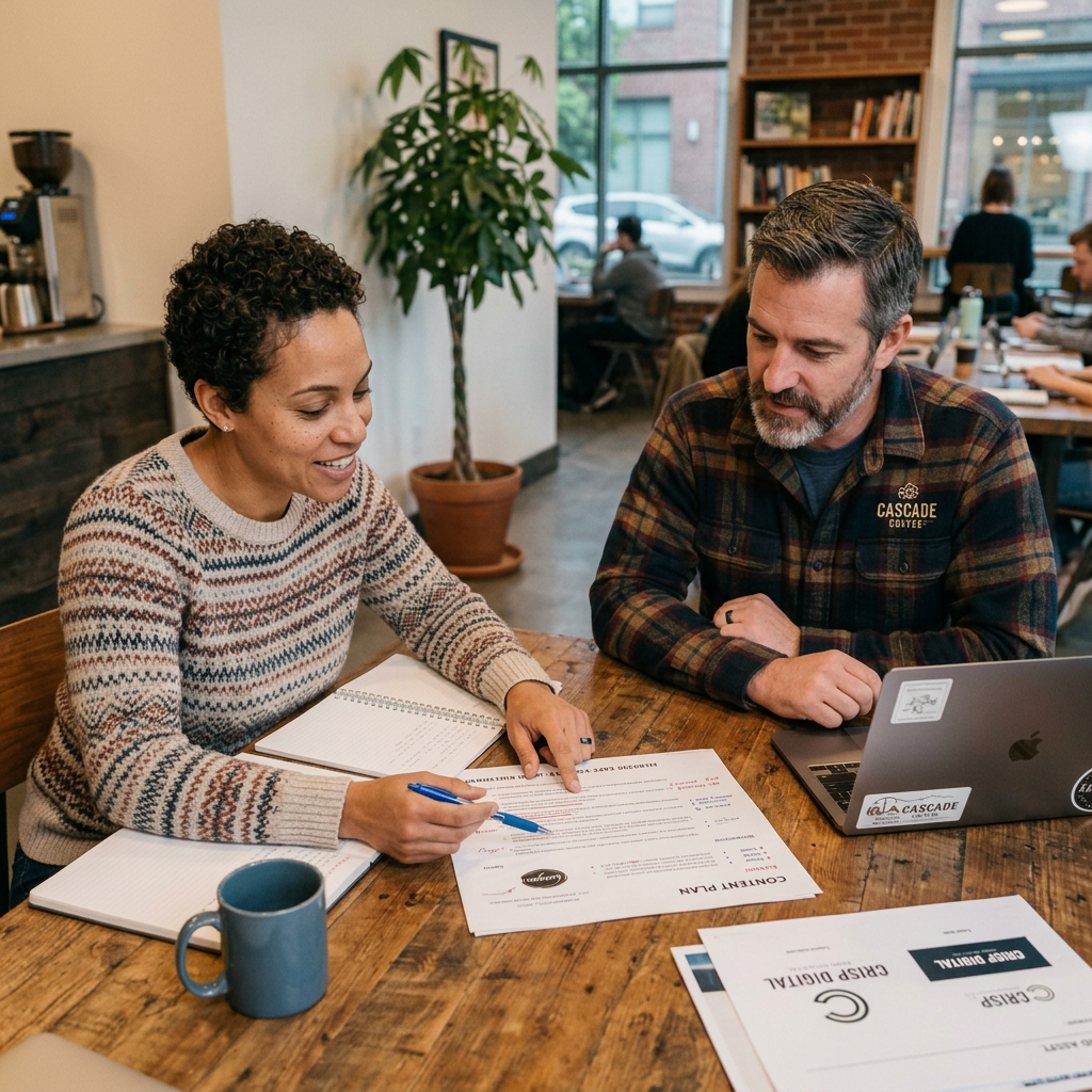 Two people sitting at a wooden table reviewing documents and notes in a coffee shop