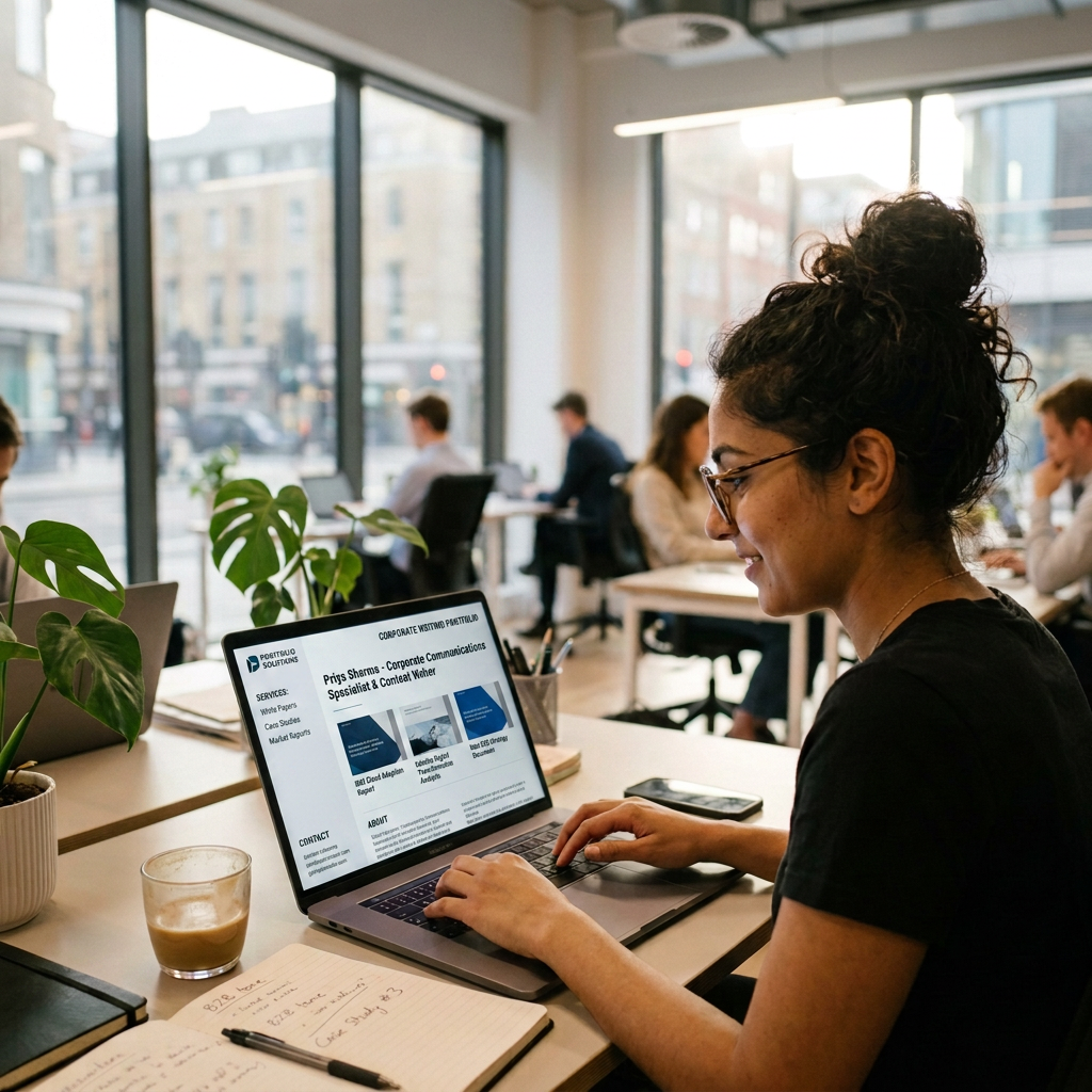 Professional working on a laptop in a bright coworking space