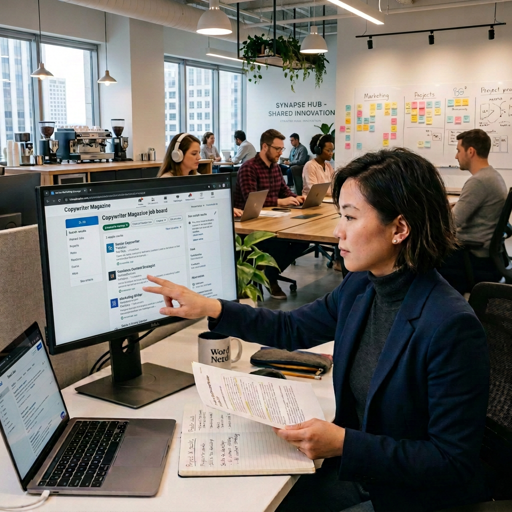 Marketing professional pointing to “Sarah Jenkins - Career Skills & Performance Matrix 2024” on monitor